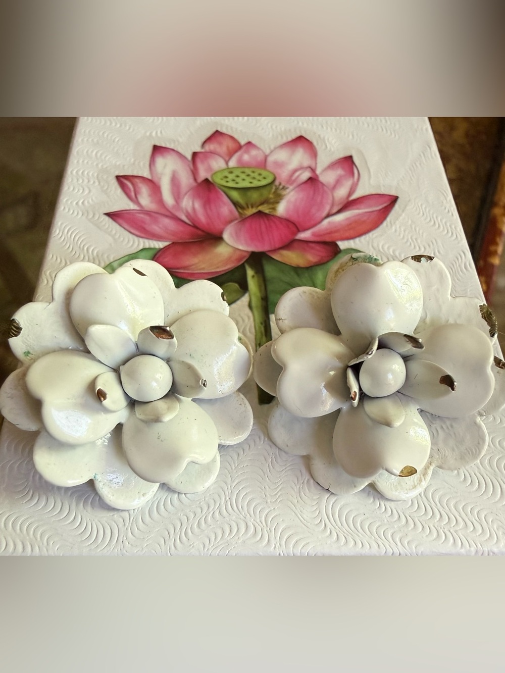 Vintage White Enamel Flower Earrings 1960s